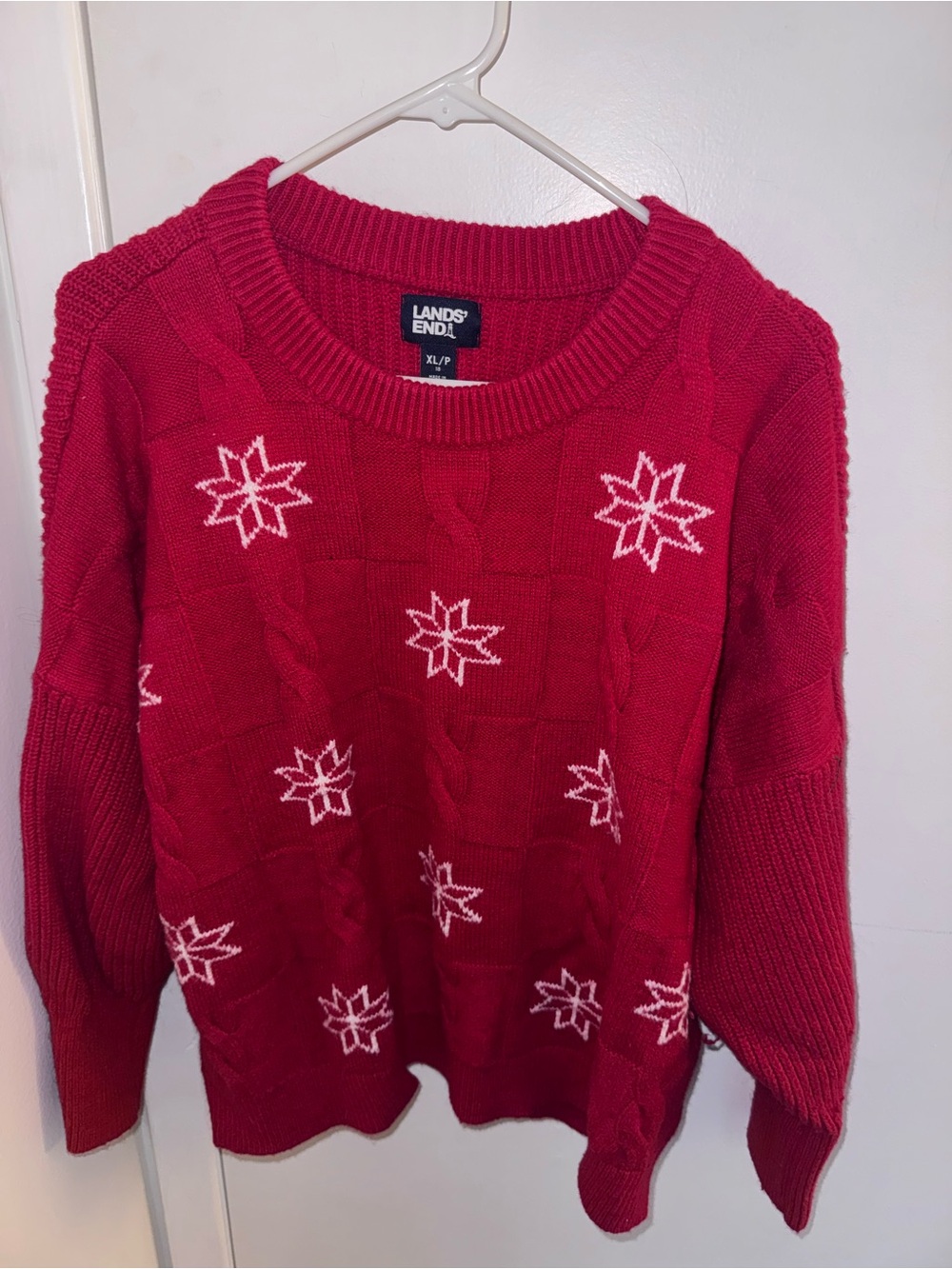 Lands' End Red Crewneck Sweater with White Snowflake Motif